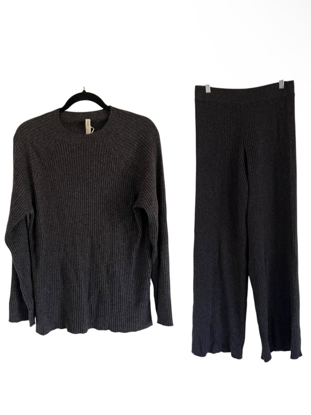 Nap Loungewear Gray 100% Cashmere Rib Knit Pullover Sweater & Bottoms Set NWT L